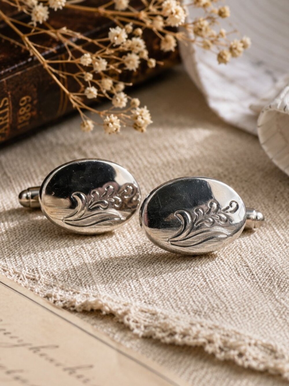Vintage Swank Silver Tone Oval Cufflinks Engraved Floral Scroll Design